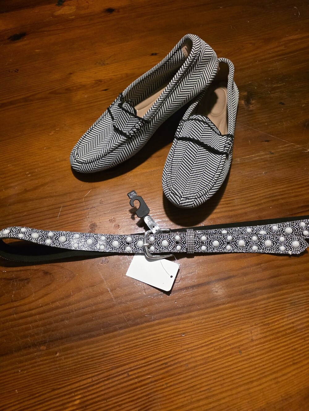 Black and White Herringbone Women's Loafers and Studded Belt Set